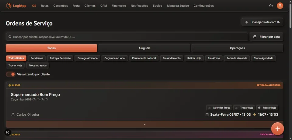 Tela real de ordens de serviço do LogiApp, com filtros por status, clientes, responsáveis e datas.